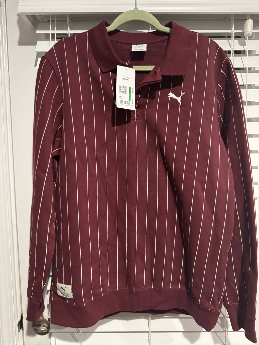 NWT Puma Athletics Long Sleeve Polo Sweatshirt Burgundy Pinstripe Size Large